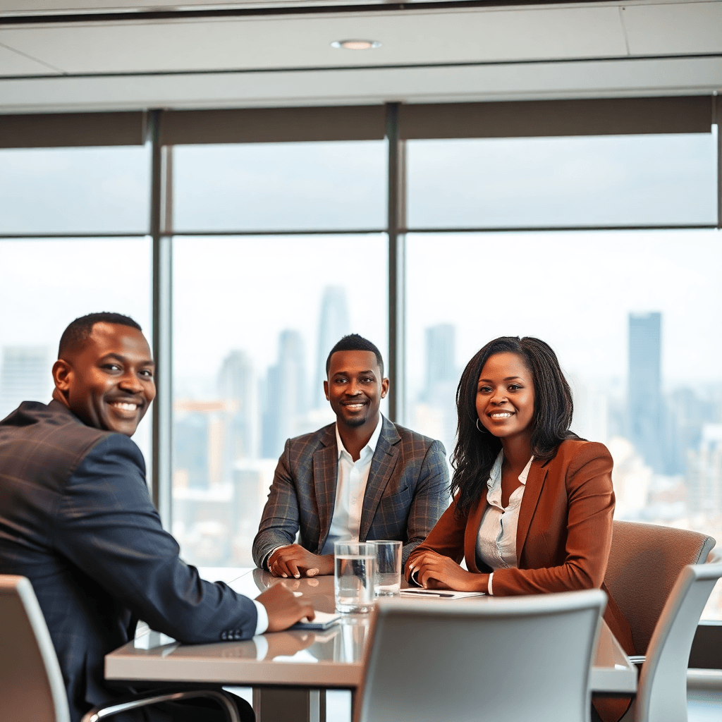 modern African business professionals in corporate meeting room with city skyline background, professional photography