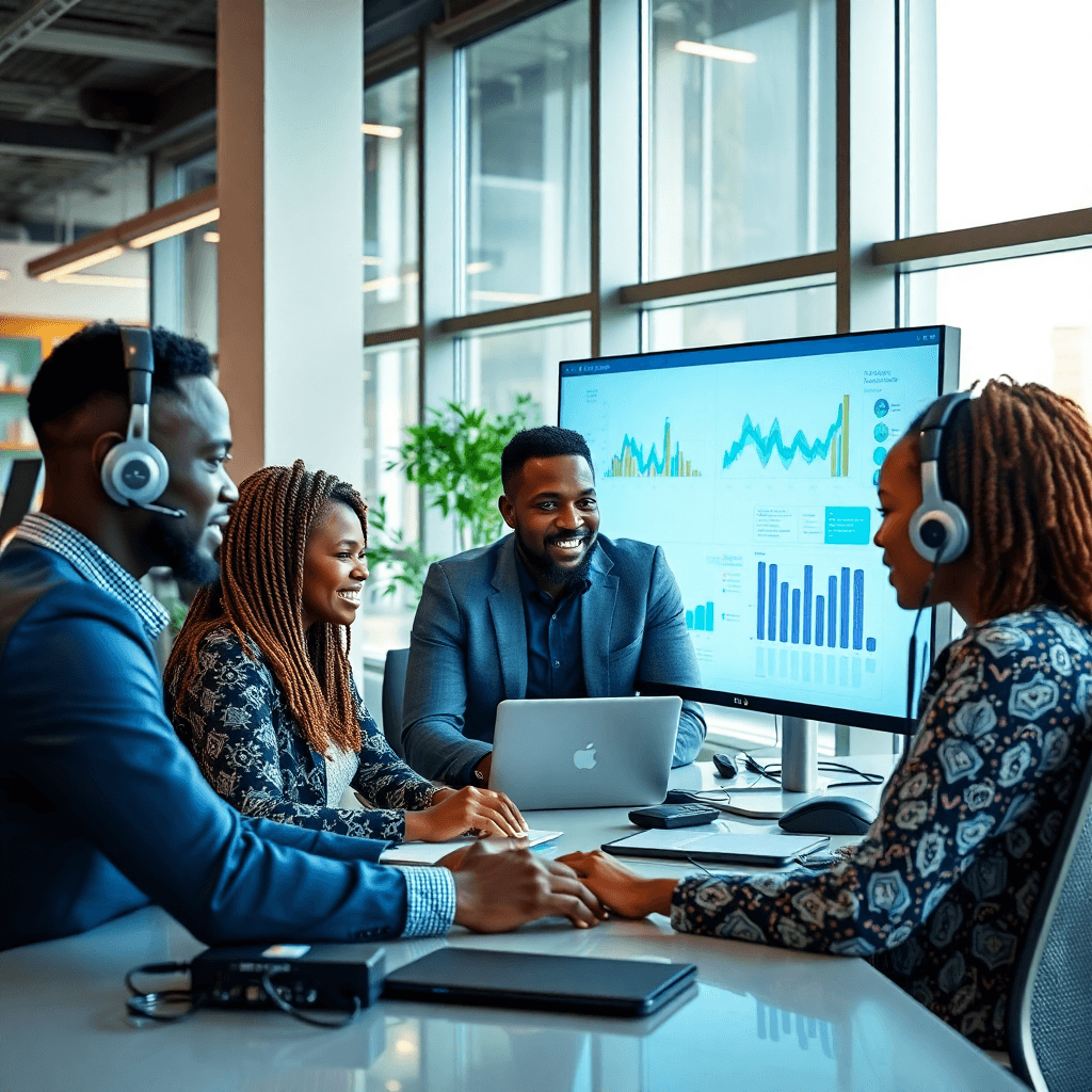 diverse African business team collaborating in modern office with telecommunications equipment and data visualizations